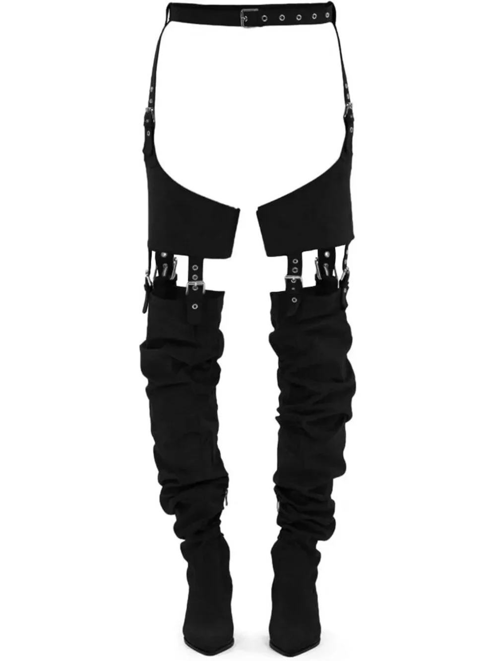 Women's Black Pointed Toe Belted Faux Suede Side Zipper Over The Knee High Boots